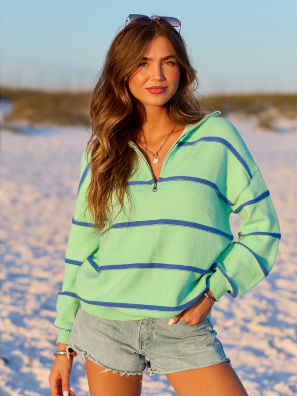 Pink Lily Sunday Stripe Club Quarter Zip Sweater